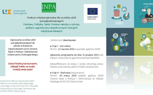 Zapraszamy na konkurs międzyregionalny "Państwo, Polityka, Świat: Konkurs wiedzy o ustroju, polityce zagranicznej i współczesnych relacjach międzynarodowych".